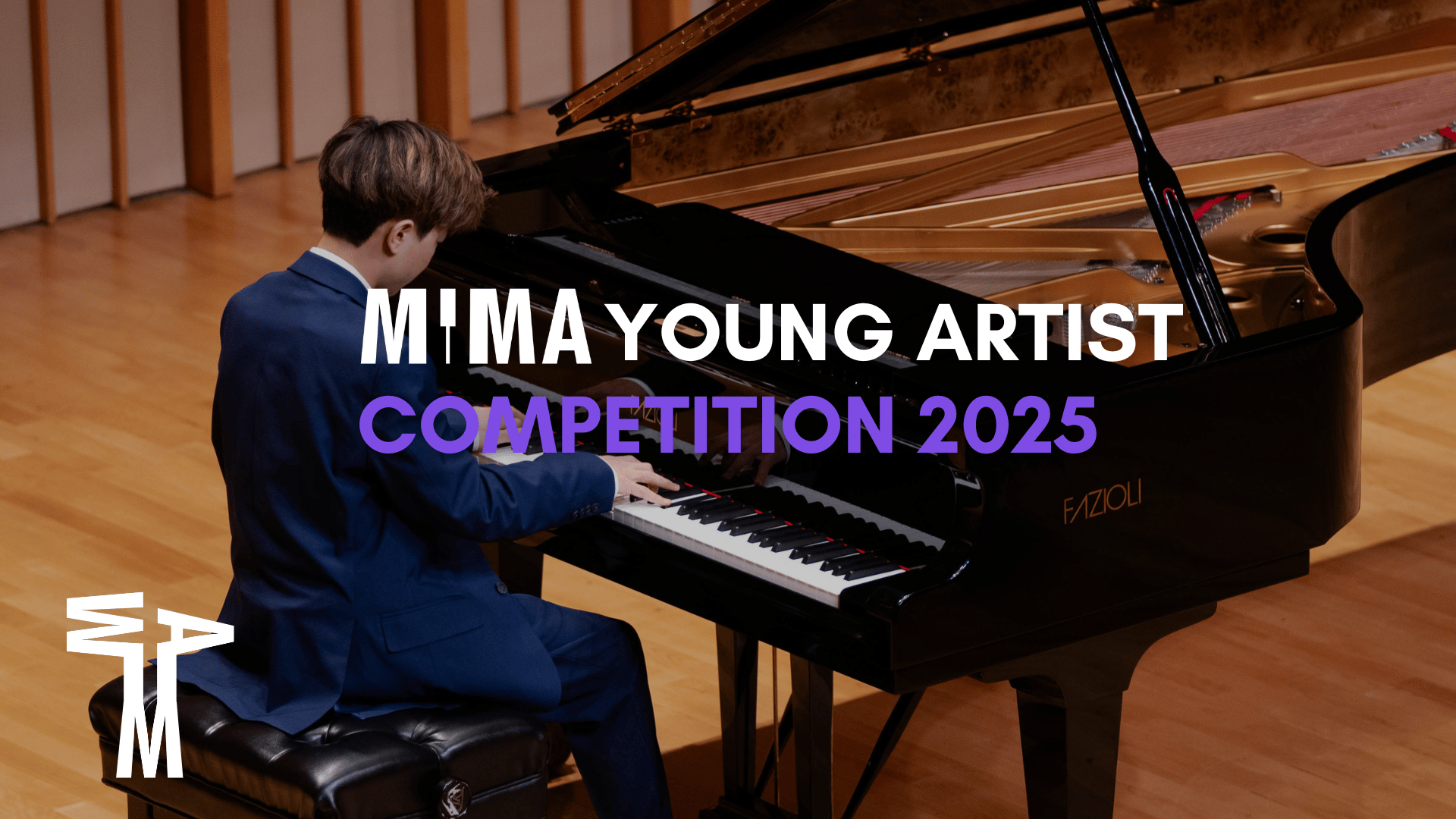 pianist playing a grand piano with a text overlay that states mima young artist competition 2025